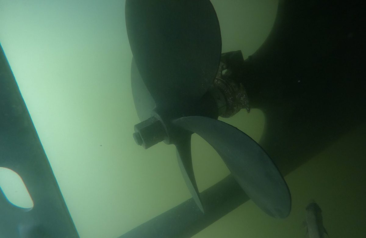 Diver cleaning the underwater hull of a boat