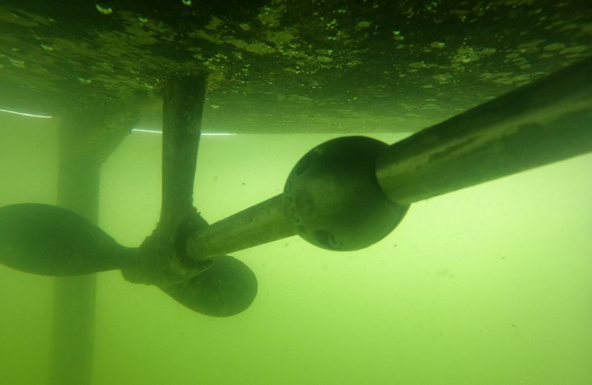 Zinc anodes on a boat shaft underwater